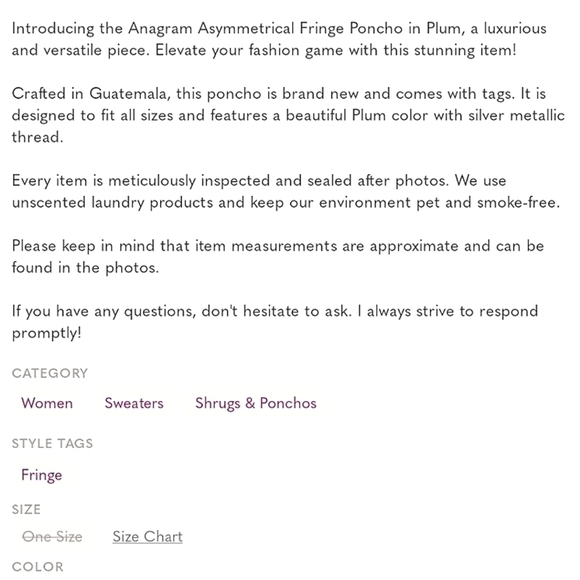 Anagram Asymmetrical Fringe Poncho Morad Plum One Size NEW - Picture 7 of 9